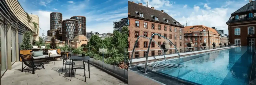 A split view comparing the rooftop assets of the best hotels in Copenhagen: the lush garden terrace of Nimb Hotel overlooking Tivoli and the sustainable rooftop pool of Villa Copenhagen set against its 1912 Neo-Baroque masonry.