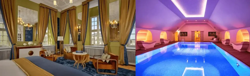 A merged view showing a grand palatial suite and the sophisticated modern spa and pool area at Hotel Taschenbergpalais Kempinski, illustrating the top standard for the best hotels in Dresden.