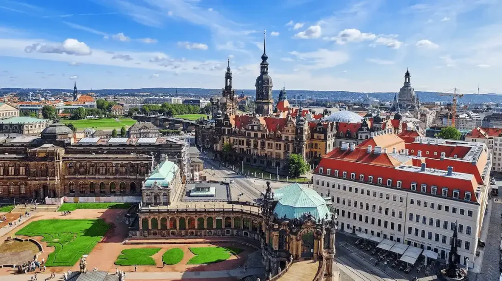 The magnificent 18th-century Baroque facade of Hotel Taschenbergpalais Kempinski, the city's most recognizable royal landmark and the best hotels in Dresden.