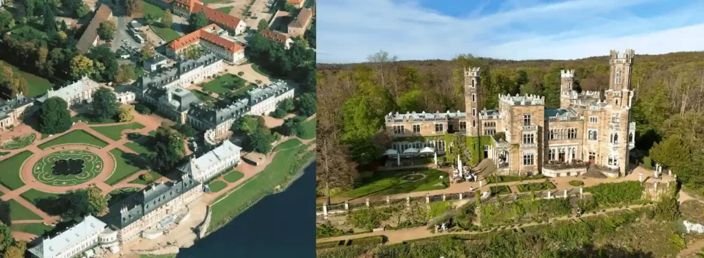 A merged perspective of the grand Baroque Riverside Palace at Schloss Hotel Dresden-Pillnitz—the former summer seat of Saxon kings—and the 19th-century Tudor-style silhouette of Schloss Eckberg overlooking the Elbe, representing the best hotels in Dresden.