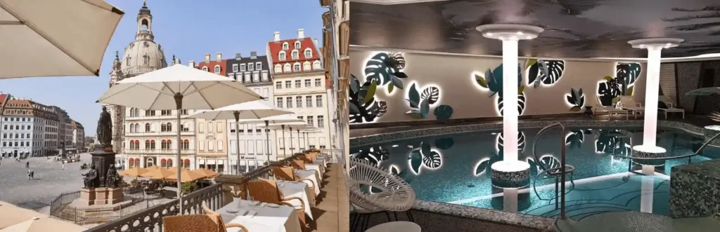 A merged view of the elegant al fresco dining terrace at Steigenberger Icon Hotel de Saxe overlooking the Neumarkt and the contemporary, illuminated indoor pool at Gewandhaus Dresden, illustrating the best hotels in Dresden.