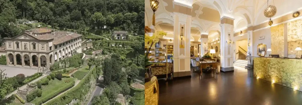 A merged view of the best hotels in Florence: the Michelangelo-designed facade of Villa San Michele and the historic Parliament Hall at Bernini Palace.