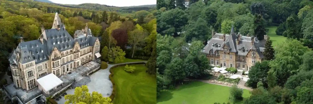 A merged perspective of the 1893 Tudor-style imperial facade of Schlosshotel Kronberg (former residence of Empress Victoria) and the 1894 historic exterior of Villa Rothschild, the 'Cradle of the Federal Republic,' representing the best hotels in Frankfurt.