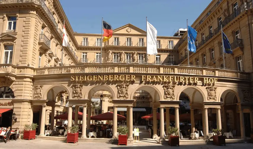 The grand 19th-century Neo-Renaissance front facade of the Steigenberger Icon Frankfurter Hof, the city's most recognizable historical landmark and the best hotels in Frankfurt.