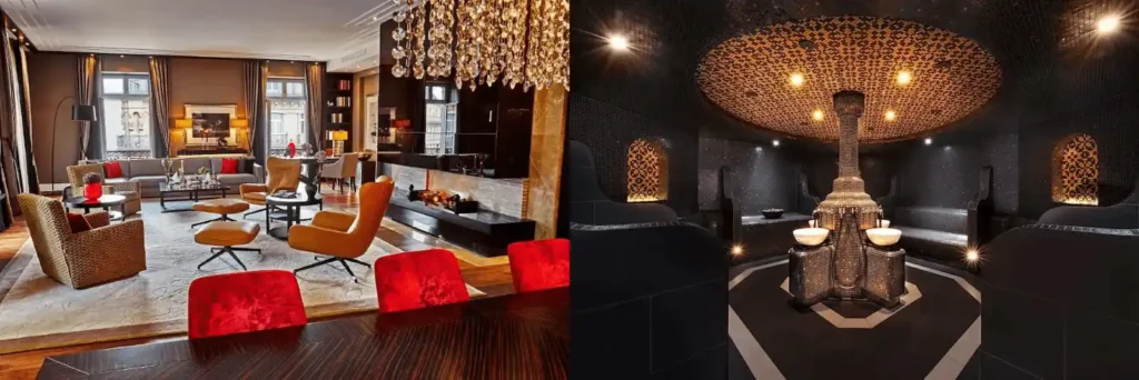 A merged view of the palatial living quarters within the Presidential Suite and the intricate, gold-leaf mosaic details of the award-winning spa at Steigenberger Icon Frankfurter Hof, representing the best hotels in Frankfurt.