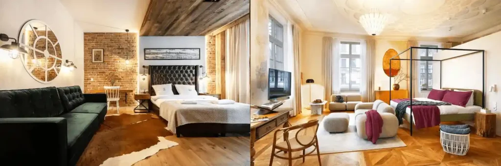 Best hotels in Gdansk: A merged view of a decadent 15th-century bedroom with antique furniture at Gotyk House and a modern industrial-style suite with original 1800s brickwork at Arche Dwór Uphagena.