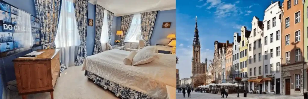 Best hotels in Gdansk: A merged image of an elegant room with antique furniture at Podewils Old Town and the 17th-century Dutch Mannerist facade of Holland House Residence.