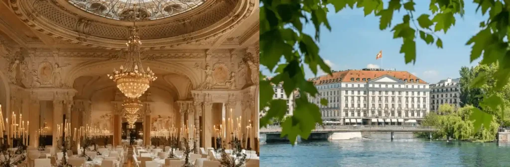A merged view of the Michelin-starred Le Chat-Botté restaurant at Beau-Rivage Genève and the historic Salle des Nations at the Four Seasons Hotel des Bergues, representing the absolute elite of best hotels in Geneva.