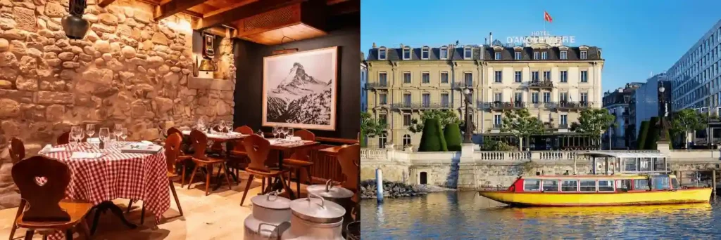 A merged view of the authentic 17th-century exposed stone walls at Hôtel Les Armures restaurant and the historic 1872 facade of Hotel d'Angleterre, representing the best hotels in Geneva.
