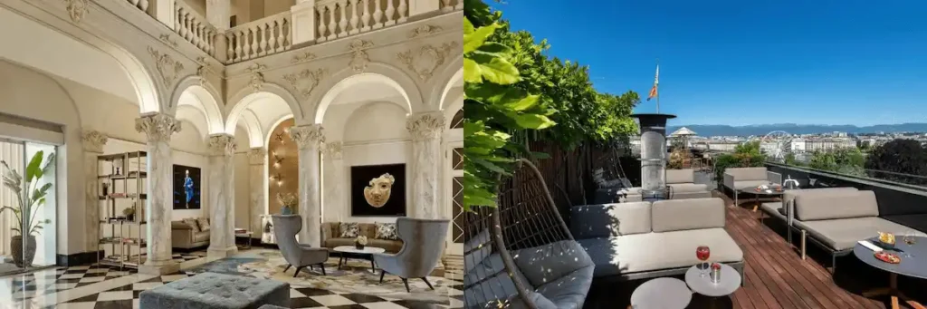 A merged view of the historic 1865 Italianate architecture of The Ritz-Carlton Hotel de la Paix and the landmark 1854 facade of Hotel Métropole, showcasing the absolute peak of the best hotels in Geneva.