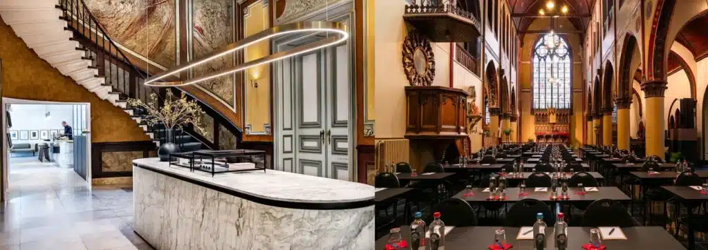 A merged view of the 18th-century Louis XIV grand staircase at Hotel Reylof and the 13th-century Hotel Monasterium restaurant, showcasing the noble and monastic soul and the best hotels in Ghent.