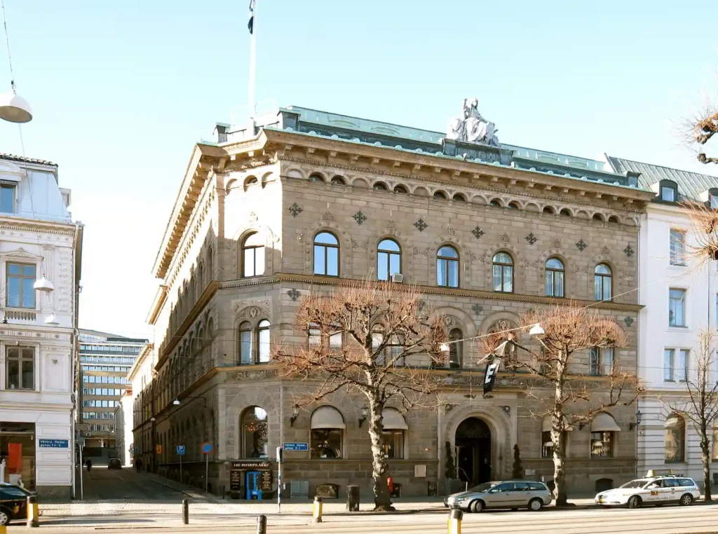 The monumental neoclassical facade of the Elite Plaza Hotel, a former insurance palace and one of the best hotels in Gothenburg.