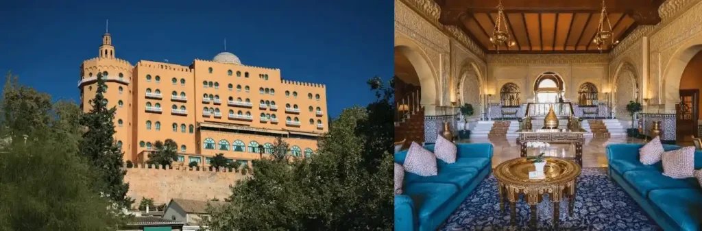 The iconic orange facade of Alhambra Palace Hotel and a golden lounge featuring blue sofas and star-view window openings, two of the best hotels in Granada.