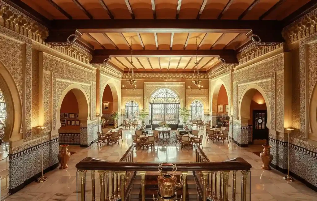 The golden neo-Moorish restaurant and bar at Alhambra Palace Hotel featuring ornate carved ceilings and grand staircases, one of the best hotels in Granada.