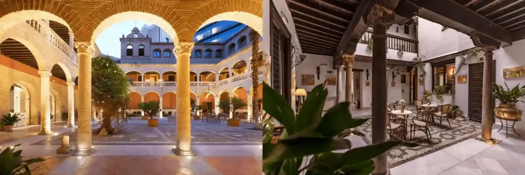 The 16th-century Renaissance cloister of Hotel Palacio de Santa Paula and the authentic Moorish inner courtyard of Casa del Capitel Nazarí, two of the best hotels in Granada.