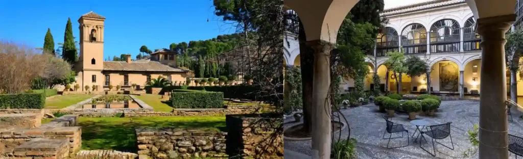 The stone facade and manicured gardens of Parador de Granada paired with its historic inner courtyard square, highlighting the best hotels in Granada.