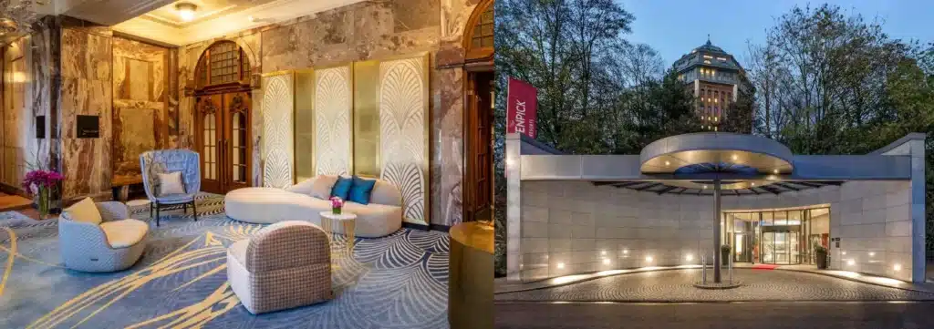 A merged view of the soaring, marble-clad lobby of the former 1907 State Tax Authority at Fraser Suites and the 160-year-old historic red-brick vaults of the Mövenpick water tower, showcasing the best hotels in Hamburg.