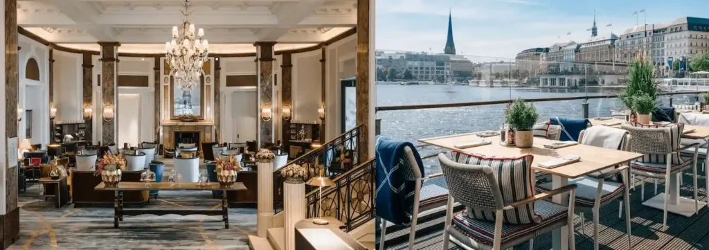 A merged perspective of the 'oceanic' Grand Lobby at Hotel Atlantic with its maritime artifacts and the elegant open-air lakeside terrace of Fairmont Hotel Vier Jahreszeiten overlooking the Inner Alster Lake, defining the best hotels in Hamburg.