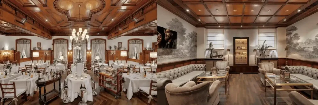 A merged view of the 'Kurfürstenstube' fine-dining restaurant with its historic coffered wood ceilings and an elegant Executive Suite featuring classic ivory and gold decor, representing the best hotels in Heidelberg.
