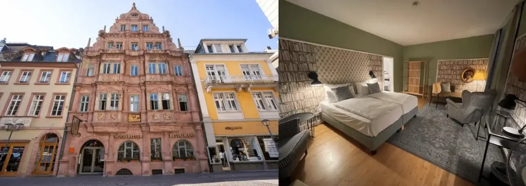 A merged view featuring the ornate 1592 Late Renaissance stone facade of Hotel Zum Ritter St. Georg and a traditionally styled bedroom at Hotel Zur Alten Brücke overlooking the historic bridge district, representing the best hotels in Heidelberg.