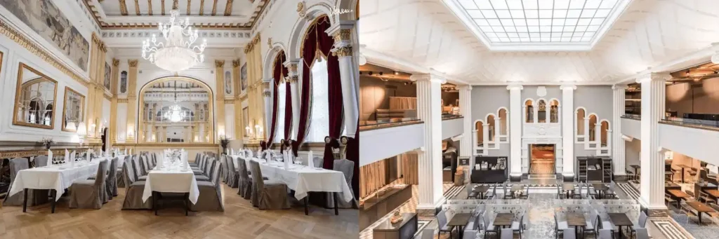 A merged view of the 1887 crystal-laden Mirror Room at Hotel Kämp and the vaulted, monumental Plaza Restaurant at Radisson Blu Plaza, representing the premier historic interiors of the best hotels in Helsinki.