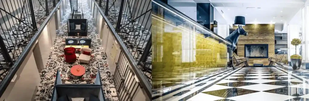 A side-by-side comparison of the 1888 tiered cell-block atrium at Home Hotel Katajanokka and the Art Deco lobby of Hotel Lilla Roberts featuring its signature horse statue, showcasing the best hotels in Helsinki.