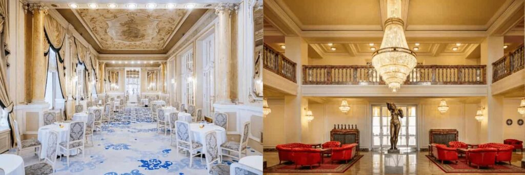 Best hotels in Karlovy Vary: A merged view of the 1894 Neo-Baroque Festive Hall at Grandhotel Pupp and the monumental 1912 Neoclassical lobby of Spa Hotel Imperial.