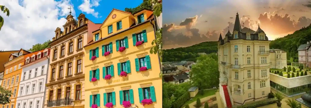 Best hotels in Karlovy Vary: A merged view of the 1706 Baroque facade of Hotel Maltezský Kříž and the imposing Art Nouveau architecture of Hotel Mignon in the Westend district.