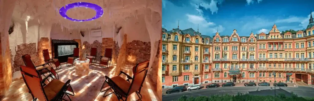 Best hotels in Karlovy Vary: A merged view of the therapeutic 2015 salt cave at Luxury Spa Hotel Olympic Palace and the grand historic 18th-century facade of Carlsbad Plaza Medical Spa & Wellness Hotel.