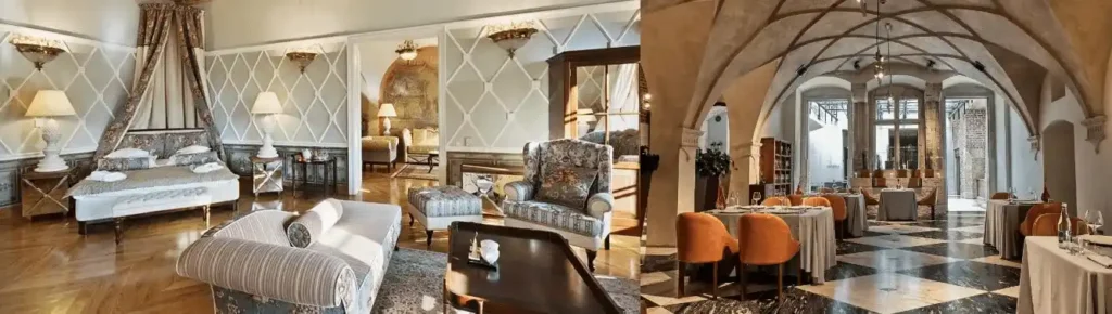 Best hotels in Krakow: A merged view featuring a lavishly decorated suite at The Bonerowski Palace with historic polychromes and the atmospheric dining hall of Hotel Stary set within 14th-century brick vaults.