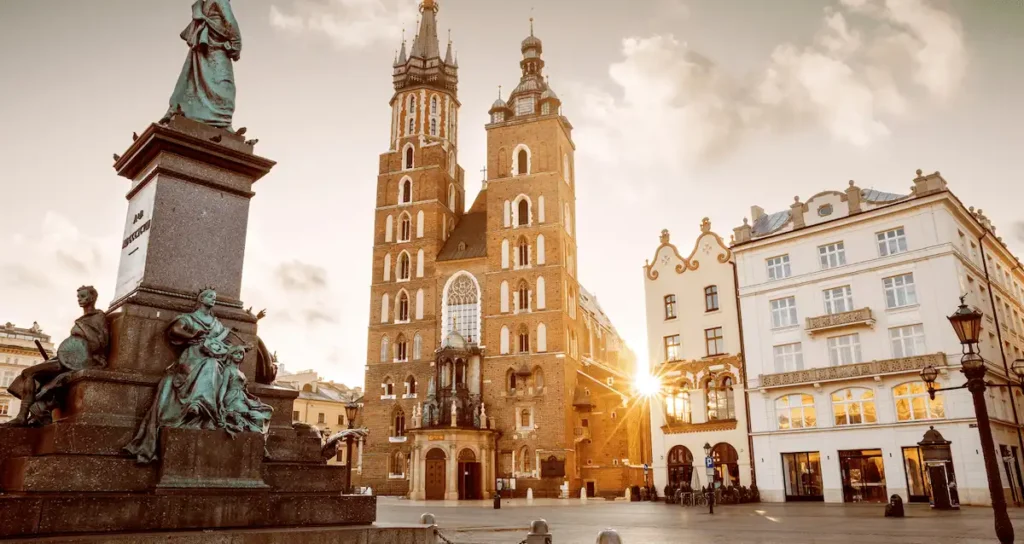 Best hotels in Krakow: The grand 14th-century facade of The Bonerowski Palace on the corner of the Main Market Square, with the iconic Adam Mickiewicz Monument and the Renaissance Cloth Hall in the background.