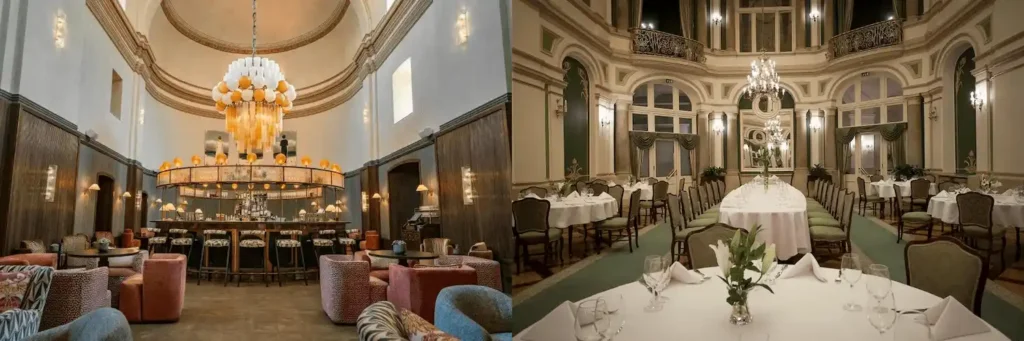 Best hotels in Krakow: A merged image featuring the restored 14th-century church interior of Stradom House and the legendary Mirror Hall dining room at the Grand Hotel with its Belgian glass roof.
