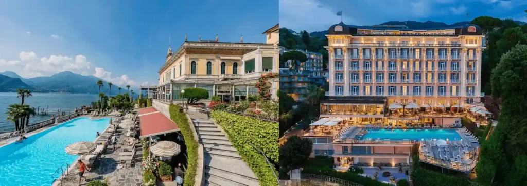 A merged view of the best hotels in Lake Como: the 1873 facade of Grand Hotel Villa Serbelloni and the 19th-century lakefront mansion of Grand Hotel Victoria.