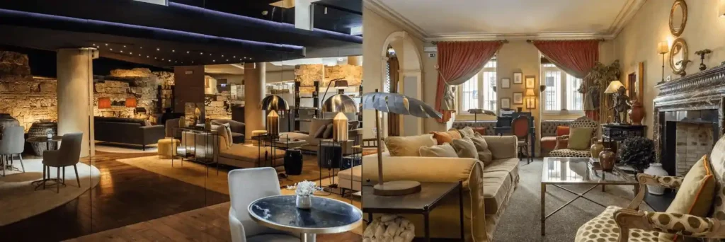 A preserved section of the 14th-century Fernandine military wall inside the modern lounge of Corpo Santo Historical Hotel paired with the 18th-century aristocratic drawing room and library of As Janelas Verdes, two of the best hotels in Lisbon.