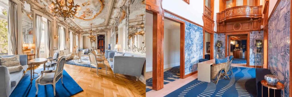 The opulent 19th-century ballroom of Pestana Palace with gold-leaf ceilings and crystal chandeliers paired with the historic azulejo-tiled lobby and maritime-inspired blue carpets of Palácio do Governador, representing the best hotels in Lisbon.