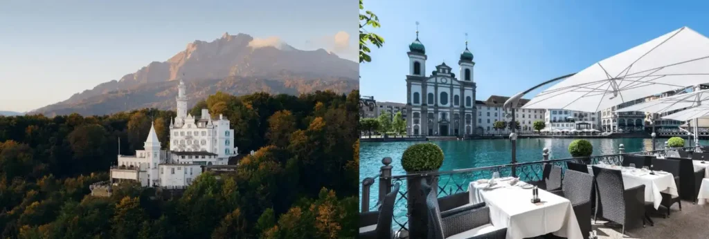 A merged view of the 1859 castle-style silhouette of Château Gütsch overlooking the city and the landmark riverside terrace of Hotel des Balances, two of the best hotels in Lucerne.