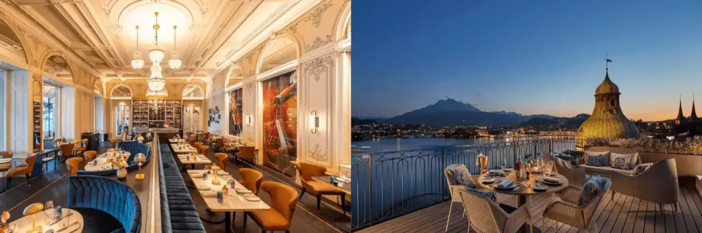 A merged view of the opulent 19th-century dining room at Hotel Schweizerhof Luzern and the landmark lakefront terrace of Mandarin Oriental Palace, showcasing the absolute peak of the best hotels in Lucerne.