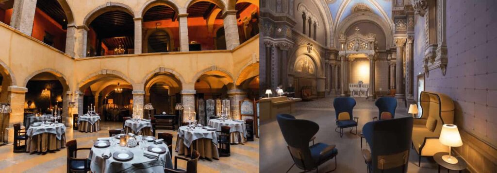 A merged collection of the best hotels in Lyon featuring the Cour des Loges courtyard and Fourvière Hôtel chapel.