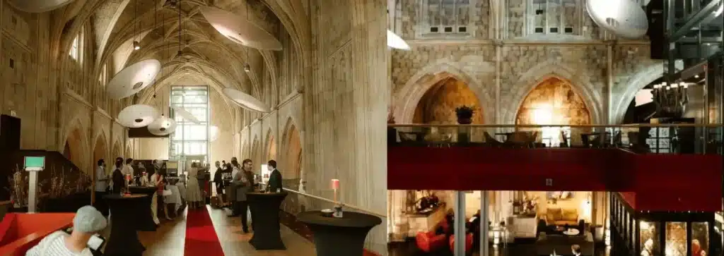 A merged view of the soaring 15th-century Gothic nave and the modern designer mezzanine of the Kruisherenhotel, showcasing the deep monastic history and the best hotels in Maastricht.