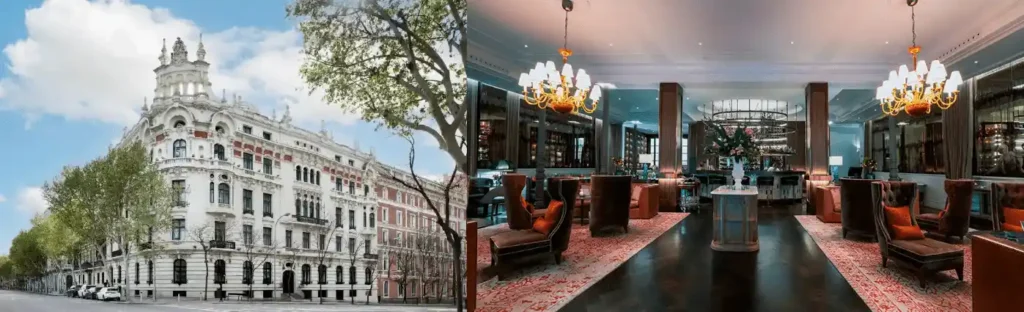 The 20th-century noble mansion facade of Hotel Palacio del Retiro and the sophisticated historic lobby of Gran Hotel Inglés, two of the best hotels in Madrid.