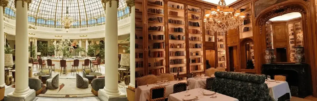 The monumental stained-glass dome of The Westin Palace and the original 19th-century French library of Palacio de Santo Mauro, two of the best hotels in Madrid.