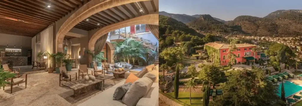 The 17th-century traditional courtyard of Hotel Can Cera in Palma and the historic 1672 palatial facade of Grand Hotel Son Net in the Tramuntana mountains, two of the best hotels in Mallorca.