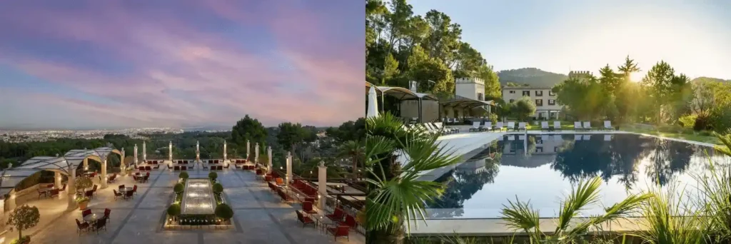 The expansive historic terrace of Castillo Hotel Son Vida overlooking Palma and the 18th-century fortified facade and pool of Castell Son Claret, two of the best hotels in Mallorca.
