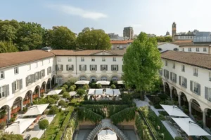The 15th-century original cloister of the Four Seasons Hotel Milano, a former convent and a top-tier choice among the best hotels in Milan.
