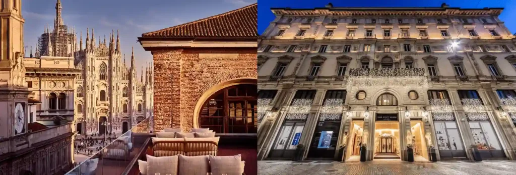 A merged view of the best hotels in Milan: the rooftop terrace at Palazzo Cordusio Gran Meliá overlooking the Duomo di Milano and the 19th-century travertine facade of Park Hyatt Milan.