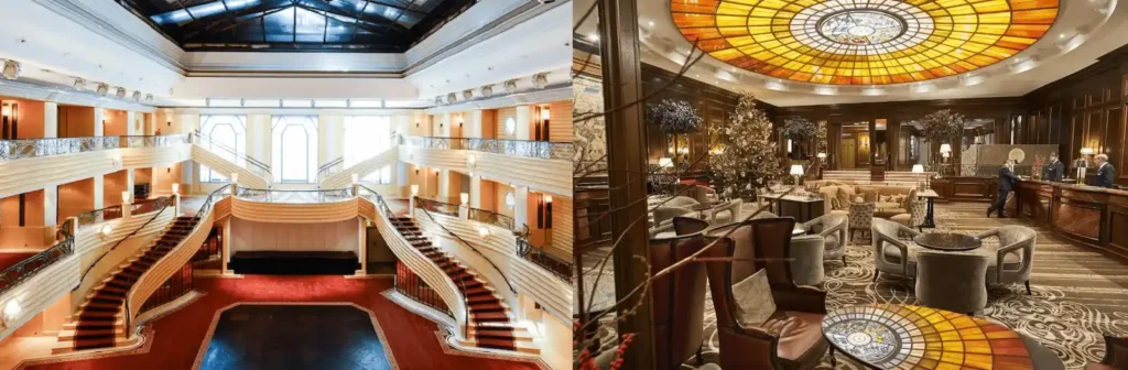 A merged perspective of the gilded grand staircases at Hotel Bayerischer Hof and the magnificent reception area of Hotel Vier Jahreszeiten Kempinski under its iconic Tiffany glass dome, representing the best hotels in Munich.