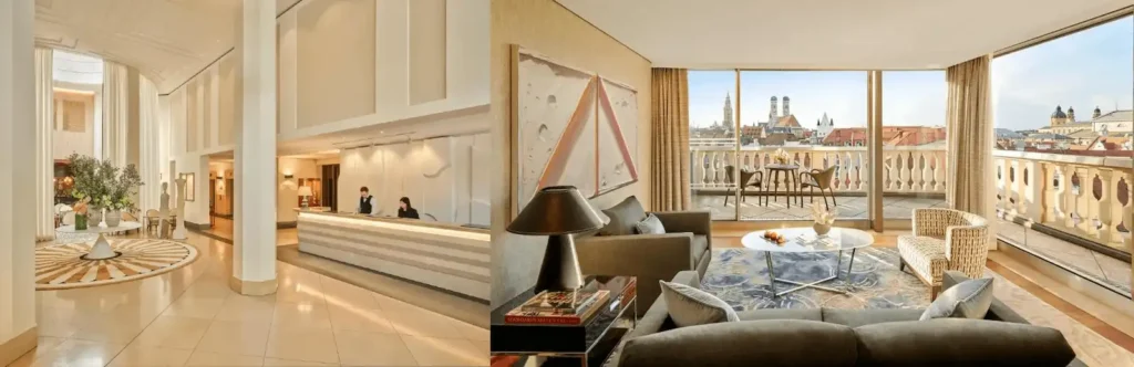 A merged view featuring the contemporary, art-filled reception of Rocco Forte The Charles Hotel and a luxury room vista from Mandarin Oriental overlooking the historic rooftops and the Alps, defining the best hotels in Munich.