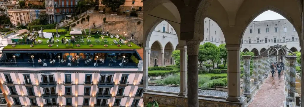 A merged view of the best hotels in Naples: rooftop bar at Grand Hotel Parker’s and the 17th-century courtyard of Palazzo Tufarelli at Santa Chiara Boutique Hotel.