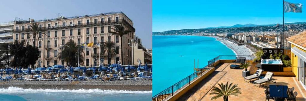A merged collection of the best hotels in Nice featuring the historic facade of Hôtel Westminster and the cliff-side terrace of Hôtel La Pérouse.