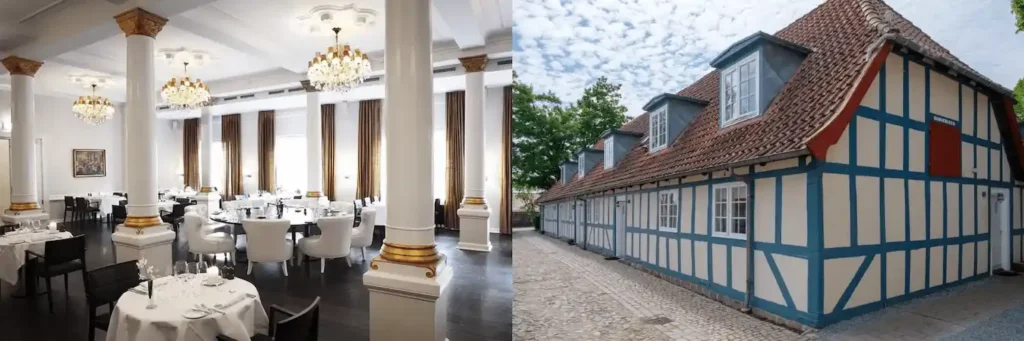 A split comparison of the best hotels in Odense: the 1897 neo-renaissance ballroom of First Hotel Grand and the 1700s half-timbered facade of Knudsens Gaard.